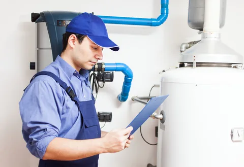 Technician servicing water tank repair